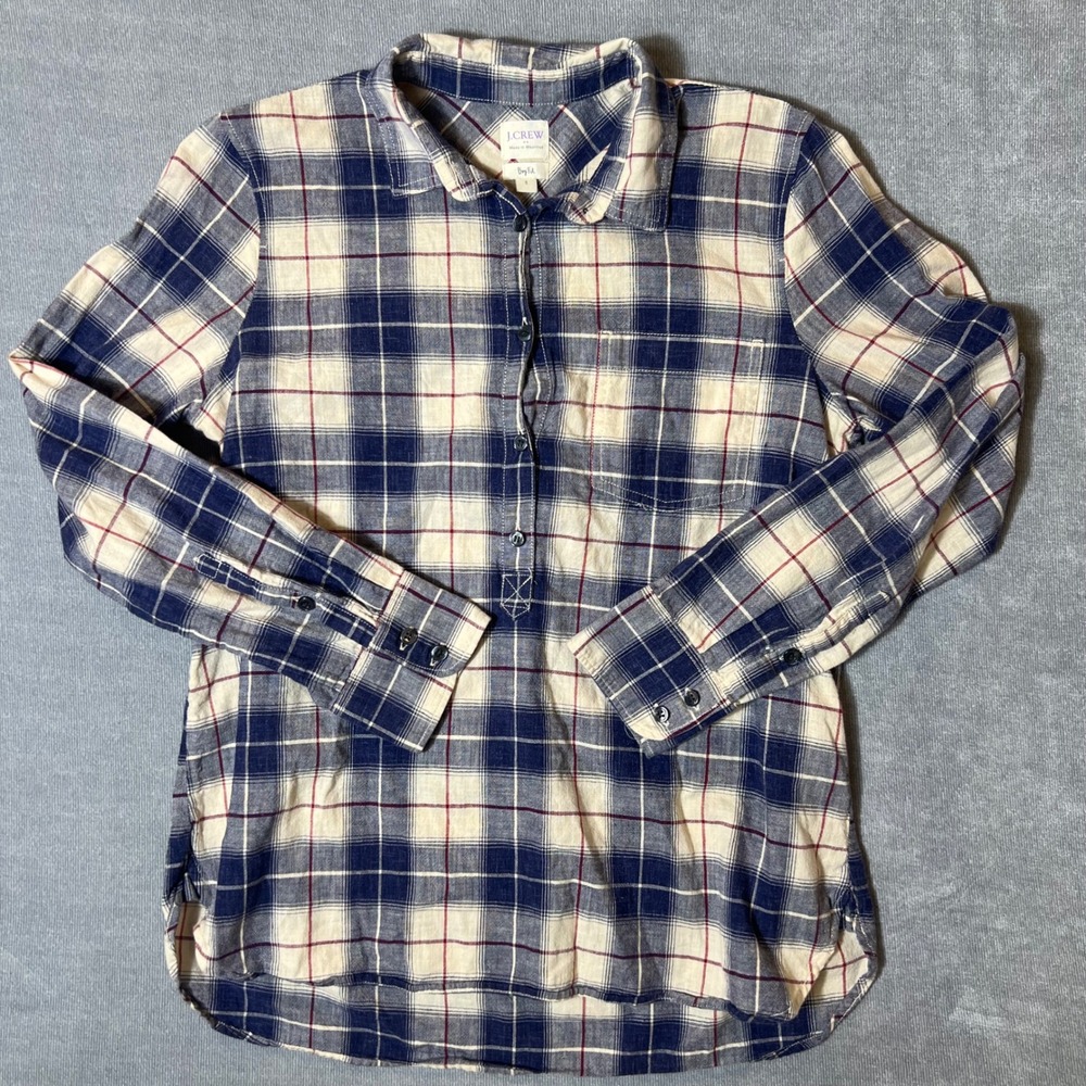 J.Crew Boy‎ Fit Plaid Popover Shirt Navy Cream Cotton C8263 Womens Small